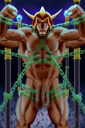 1boy 2016 5_fingers abs angry anso/rez anthro armor balls battle_ox biceps big_balls big_penis blue_fire bondage bound bovine chains darkened_genitals fire flexing headgear helmet humanoid_penis konami looking_at_viewer male male_only mammal muscular muscular_male nude pecs penis red_eyes solo teeth vein veiny_penis yu-gi-oh!