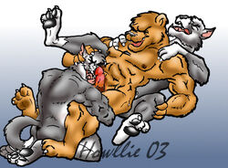 2003 anthro bear canine erection group group_sex howllie low_res male mammal nipples oral penis sex threesome wolf yaoi