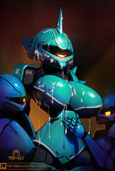 android ass big_breasts big_butt black_body black_skin blue_body blue_skin blush bodily_fluids breasts clothing cum cum_on_breasts cum_on_face cum_on_leg female female/female genital_fluids group gundam hi_res humanoid looking_at_another looking_at_breasts looking_at_partner looking_at_viewer machine mecha mobile_suit mobile_suit_gundam psyk323 robot robot_girl robot_humanoid shy simple_background yellow_eyes yuri zaku zeon