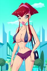 1girls belly big_breasts bikini bikini_top breasts busty cleavage cloud_tower_witch covered_nipples endora_(winx_club) erect_nipples eyeshadow female_only hair hourglass_figure large_breasts legs lips lipstick long_hair looking_at_viewer makeup navel nipple_bulge purse rainbow_(animation_studio) red_hair shorts solo swimsuit thighs voluptuous winx_club zfive