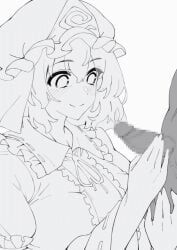 1boy 1girls 7:10 animated animated_gif blinking blush breasts buckethead_ero censored female frilled_kimono frills ghost ghost_girl girthy_penis handjob hat japanese_clothes kimono large_breasts line_art looping_animation male medium_penis mob_cap monochrome mosaic_censoring penis perfect_cherry_blossom saigyouji_yuyuko short_hair small_penis_adoration solo_focus straight testicle_grab testicles touhou triangular_headpiece umezawa_itte vertical_video yuyuko_saigyouji