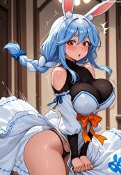 aged_up ai_generated animal_ear_fluff animal_ears bangs bare_shoulders black_clothes black_panties black_underwear blue_bow blue_hair blush bow braid breasts clothing clothing_cutout dress dress_tug female hair_between_eyes hair_ornament hairbow hololive hololive_fantasy hololive_japan indoors jousneystudio large_breasts long_hair long_sleeves looking_at_viewer mature mature_female multicolored_hair open_mouth orange_eyes panties pantsu pekomama pekora_ch. rabbit_ears rabbit_girl rabbit_tail red_eyes ribbon-trimmed_dress shoulder_cutout solo tail thick_eyebrows thighs thong twitter_username two-tone_hair underwear virtual_youtuber white_dress white_hair wind wind_lift