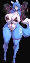 2d 2d_(artwork) absurd_res anthro areola_slip areolae_visible_through_clothing armpits big_ass big_breasts big_thighs bikini bimbo_body biped black_clothing blue_body blush blushing body_markings breasts breasts_bigger_than_head bubble_ass bubble_butt cameltoe canid canine cervina7 cervina7_(artist) clothed clothing eyelashes female footwear fox fox_tail fur genitals glistening green_eyes hair hi_res high_heels hourglass_figure krystal krystal_(star_fox) looking_at_viewer mammal micro_bikini multicolored_body nintendo pupils pussy_floss shoes short_hair skimpy_bikini smile smiling_at_viewer solo spilling_breasts squished_breasts star_fox string_bikini sweat sweatdrop sweaty_body swimwear tail thick_thighs thigh_strap thighs_bigger_than_head tribal_markings two-piece_swimsuit two-tone_fur two-tone_hair undersized_clothing vixen voluptuous vulgar vulva white_body