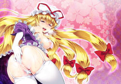 ass bare_shoulders blonde_hair blush breasts breath dress elbow_gloves female fingering floral_background floral_print frills from_behind full-face_blush garter_straps gloves hair hair_ribbon hat hat_ribbon headgear highres long_hair looking_at_viewer looking_back mob_cap nipples off_shoulder open_mouth puffy_sleeves purple_dress pussy pussy_juice ribbon saliva short_sleeves smile solo sweat thighhighs tomomimi_shimon tongue touhou tress_ribbon very_long_hair white_gloves white_legwear yukari_yakumo