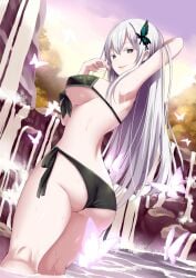 1girls alternate_costume arm_up armpits ass bikini black_bikini breasts brown_eyes bug butterfly butterfly_hair_ornament colored_eyelashes commission cowboy_shot curvy day dutch_angle echidna_(re:zero) eyelashes female female_only from_side givuchoko grey_hair hair_between_eyes hair_ornament hand_up highres insects large_breasts long_hair looking_at_viewer open_mouth outdoors paid_reward_available pink_butterfly re:zero_kara_hajimeru_isekai_seikatsu seductive_smile side-tie_bikini_bottom sidelocks slit_pupils smile solo solo_female straight_hair swimsuit tsurime very_long_hair wading water wedgie wet white_eyelashes
