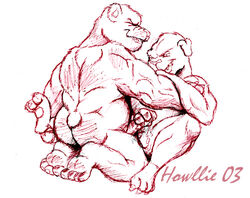 2003 anthro bear canine erection handjob howllie low_res male mammal muscular nipples penis sex sketch yaoi