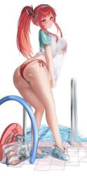absurdres aqua_hairband ass bikini breasts female goddess_of_victory:_nikke hairband highres official_alternate_design official_alternate_hair_color official_alternate_hairstyle poolside rapi_(nikke) rapi_(red_hood)_(nikke) rapi_(red_hood)_(red_flavor)_(nikke) red_bikini red_eyes red_hair see-through_clothes see-through_shirt shirt simple_background smile solo sorashonoarts swimsuit wet wet_clothes wet_shirt white_background