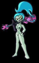 2024 black_background black_bracelet black_lipstick black_top blue_hair breasts danny_phantom ember_mclain green_eyes guitar hand_on_hip holding_guitar lipstick middle_finger navel nipples nude_version onixsea pussy