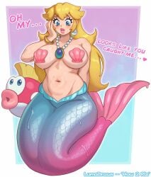 1girls arm_behind_back bangs bare_shoulders belly big_breasts blonde_hair blue_eyes blue_tail blush blush_lines bracelet breasts casual caught cheep_cheep collarbone covered_nipples curvy dialogue digital_media_(artwork) earrings english_text eyebrows_visible_through_hair eyelashes female female_focus female_only fish gold_bracelet gradient_background hair hand_on_face heart hi_res highres jewelry large_breasts light-skinned_female light_skin lips lipstick long_hair luma_draws mario_(series) mascara merfolk mermaid mermaid_peach mermaid_tail monster_girl navel nearly_nude necklace nintendo nonsexual nonsexual_nudity pale_skin pasties pearl_earrings pearl_necklace pink_lipstick pink_pasties pink_tail princess_peach princess_peach:_showtime! rizdraws_style scales seashell seashell_pasties shell sidelocks simple_background smile solo solo_female solo_focus tail_fin text thick_lips two_tone_tail voluptuous watermark wet wet_body wide_eyed