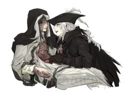bleeding blood bloodborne boots brown_hair brunette_female brunette_hair clothed clothes clothing crossover dark_souls female female_focus female_only fromsoftware gloves hand_around_waist hand_on_waist hat kissing lady_maria_of_the_astral_clocktower long_hair noireee96 nun nun_outfit scar scars scars_all_over sister_friede suggestive undressing white_background white_hair yuri
