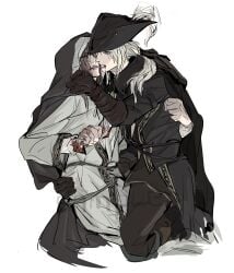 bleeding blood bloodborne boots brown_hair brunette_female brunette_hair clothed clothes clothing crossover dark_souls female female_focus female_only fromsoftware gloves hand_around_waist hand_on_waist hat kissing lady_maria_of_the_astral_clocktower long_hair noireee96 nun nun_outfit scar scars scars_all_over sister_friede sitting sitting_on_lap sitting_on_person suggestive white_background white_hair yuri
