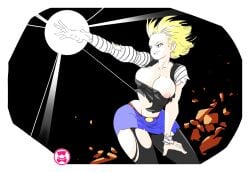 2010s 2019 android_18 attack attacking big_breasts blonde-haired_female blonde_female blonde_hair breasts dragon_ball dragon_ball_z exposed_boobs exposed_breast exposed_breasts female female_focus female_only ki_blast ruined_clothes ruined_clothing schpicy solo solo_female solo_focus thick_thighs thighs torn_clothes torn_clothing