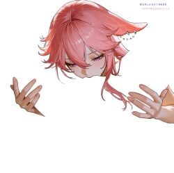 2girls animal_ears blending blush chokopaii commentary cunnilingus female_pov fox_ears genshin_impact hand_on_another's_thigh highres implied_cunnilingus long_hair meme multiple_girls negative_space negative_space_cunnilingus_(meme) oral patreon_username pink_hair pov purple_eyes raiden_shogun sfw_illustration_(meme) silhouette simple_background white_background yae_miko yuri