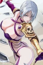 1girls arched_back armor artist_name ass big_breasts bikini_armor blue_eyes breasts cleavage collarbone commentary_request dated female female_only from_side hair_over_one_eye isabella_valentine large_breasts lips looking_at_viewer parted_lips revealing_clothes short_hair sidelocks skimpy_clothes solo soul_calibur soul_calibur_vi tea_(nakenashi) thick_thighs thighs thin_waist twitter_username weapon whip whip_sword white_hair