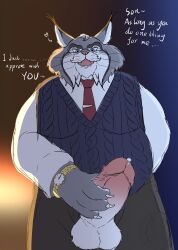 anthro aolieloong balls big_penis bodily_fluids bottomwear clock clothing dialogue disney facial_hair felid feline genital_fluids genitals hand_behind_back hi_res implied_incest implied_oral lynx male male_only mammal mature_male milton_lynxley moustache necktie open_mouth overweight overweight_male pants penis penis_in_hand precum sweater sweater_vest topwear vest watch zootopia zootopia_2