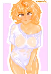 4k 4k_resolution breasts cute cute_face cute_style female female_focus female_only high_quality high_resolution honey honey_(food) mellie_(odenezix) nipple_slip nipples odenezix original_character pulling_clothing shirt shirt_pull slime slime_girl standing t-shirt translucent translucent_clothing translucent_topwear white_shirt