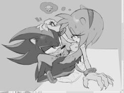 000011nsfw amy_rose bite_mark blush cunnilingus femdom greyscale kiss_mark looking_down_at_partner malesub petplay shadow_the_hedgehog sonic_(series) sonic_the_hedgehog_(series) sweat