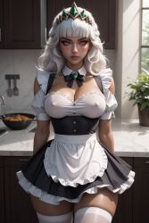 ai_generated big_breasts blush cleavage kitchen league_of_legends maid maid_outfit maid_uniform nipple_bulge pyke_is_op qiyana_yunalai riot_games standing thick_thighs thighhighs thighs white_hair white_thighhighs
