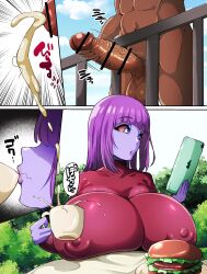 1boy 1girls :o aquila_(aquila_and_teren) aquila_and_teren balls ballsack blue_body blue_eyes blue_skin breasts breasts_on_table burger censor_bar censored cleavage colored_sclera colored_skin comic cum cum_in_drink cum_in_food cum_spill cum_splash cumshot cup dark-skinned_male drinking ejaculation female food gigantic_breasts hime_cut holding_cup holding_object holding_tablet huge_breasts jerking_off large_breasts lips lipstick long_hair male male_masturbation masturbation monster_girl nipple_bulge nipples nipples_visible_through_clothing oblivious open_mouth orgasm outdoors outside penis pink_sclera plate projectile_cum pubes pubes_in_mouth pubic_hair pubic_hair_in_mouth public_indecency public_nudity purple_hair railing sequence sequential sidelocks sipping sitting sky standing stray_pubes stray_pubic_hair table tablet testicles tree trees unaware veiny_penis yukichi100yu