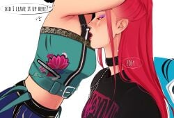 armpit_fetish armpits arms_up asian asian_female baobeics blush blushing casual casual_exposure close_up english_text erotic eyeshadow korean korean_female kpop_demon_hunters mira_(kpop_demon_hunters) name_in_dialogue purple_eyeshadow reaching_up saying_name text turned_on yuri zoey_(kpop_demon_hunters)