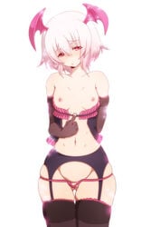 :o arm_behind_back ass ass_visible_through_thighs bare_shoulders black_gloves blush breasts cowboy_shot demon_girl elbow_gloves eyebrows eyebrows_visible_through_hair female garter_belt garter_straps gloves hair_between_eyes head_wings highres kono_subarashii_sekai_ni_shukufuku_wo! looking_at_viewer morokoshitaroh navel nipples open_mouth panties pink_eyes pink_hair shinjin_succubus_(konosuba) short_hair simple_background small_breasts solo sparkle stomach succubus succubus_costume thigh_gap thighhighs thighs underwear white_background wide_hips