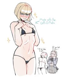 2girls angry angry_expression bikini bikini_only blonde_female blonde_hair blush blushing_female flat flat_chested kirifuji_nozomi novemblem oosuzuki_kurara oosuzuki_kurara_(unmasked) skinny skinny_female small_boobs small_breasts small_tits the_hundred_line_-last_defense_academy- tsundere visible_ribcage visible_ribs
