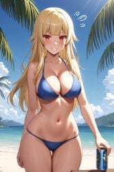 1girl ai-created ai_generated ass_visible_through_thighs bare_arms bare_shoulders beach bikini blonde_hair blue_bikini blue_sky blunt_bangs blush breasts can cleavage cloud collarbone cowboy_shot day drink_can female flying_sweatdrops gokukoku_no_brynhildr grin groin halterneck hime_cut holding holding_can large_breasts long_hair looking_at_viewer navel ocean outdoors palm_tree parted_lips pixiv red_eyes rena_aikawa_(pixiv_user) sidelocks skindentation sky smile solo stable_diffusion standing stomach string_bikini sunlight sweat swimsuit table tachibana_mina_(gokukoku_no_brynhildr) thigh_gap thighs tree water wet