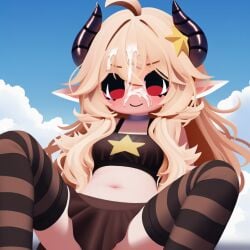 1girls ahoge ai_generated bangs bare_shoulders blonde_hair blush borrowed_character breasts cumshot cumshot_on_face female hair_between_eyes hair_ornament horns long_hair looking_at_viewer penis pointy_ears red_eyes ribbed_sweater roblox simple_background solo_focus star_(symbol) star_hair_ornament straight sunny_(legacy) uncensored white_background