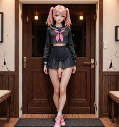 1futa ai_generated background black_outfit cock cute flaccid flaccid_penis futanari light-skinned_futa light-skinned_futanari light_skin outfit penis pink_hair pink_shoes ponytail school_uniform skirt small_breasts smirk smirking standing standing_position thighs