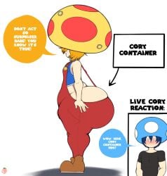 1femboy 2boys ass ass_bigger_than_head ass_cleavage ass_focus ass_out big_ass big_ass_(male) big_butt closed_eyes_smile cory_(nataliebum25) dumptruck_ass evil_container femboy huge_ass huge_butt large_ass male male/male male_only mario_(series) masterson_mansion nataliebum25 nintendo oc overalls rusty_(nataliebum25) thick_thighs toad_(mario) wide_hips