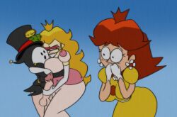 1boy 3girls anti_groove ass blonde_hair bottomless_male breasts brown_hair comic comic_page crown dress fire_flower fire_flower_(xandrecos) flower gloved_handjob gloves handjob huge_breasts hugging jerking kupatripa34 mario_(series) mario_party partially_clothed presenting presenting_anus princess princess_daisy princess_daisy_(xandrecos) princess_peach princess_peach_(xandrecos) showing_off shy_guy xandrecos youtube
