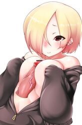 blonde_hair blush breast_squeeze breasts censored ear_piercing earrings female hair_over_one_eye highres himamushi_nyuudou hood hoodie idolmaster idolmaster_cinderella_girls jewelry large_breasts paizuri penis piercing red_eyes shirasaka_koume short_hair sleeves_past_wrists smile solo solo_focus straight