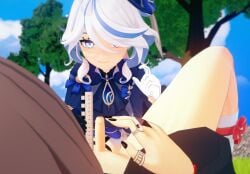 2futas 3d balls bottomless breasts collar domination duo embarrassed erection furina_(genshin_impact) futa_only futanari genshin_impact hu_tao_(genshin_impact) human humiliation light-skinned_futa light_skin looking_at_penis looking_down partially_clothed penis penis_size_comparison penis_size_difference small_penis small_penis_futa small_penis_humiliation smile standing tiny_penis uncensored uncircumcised