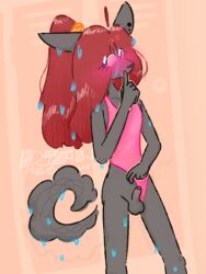 2025 5_fingers accessory anthro blue_eyes blush clothing clothing_aside curled_tail djannetur djannetur_(character) dripping ear_piercing erection eyebrows eyelashes fingers foreskin fur genitals grey_body grey_fur hair hair_accessory hair_tie hybrid inside locker_room long_hair looking_back makeup male nonbinary_(lore) one-piece_swimsuit paws penis piercing red_hair shy small_penis solo standing swimwear swimwear_aside tail watermark wet wet_hair