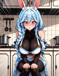 ai_generated animal_ear_fluff animal_ears apron bangs bare_shoulders black_bodysuit black_legwear blue_hair blush bodystocking bodysuit bodysuit_under_clothes braid breasts cleavage closed_mouth clothing collarbone cooking cooking_pot detached_sleeves dress emphasis_lines female frying_pan hair_between_eyes hair_over_shoulder hands_on_own_knees hololive hololive_fantasy hololive_japan indoors jousneystudio kitchen ladle large_breasts legwear long_hair mature_female multicolored_hair orange_eyes pantyhose pekomama pekora_ch. rabbit_ears rabbit_girl red_eyes single_braid sitting solo stove sweat thick_eyebrows trembling virtual_youtuber white_apron white_dress