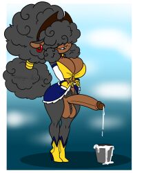 anthro balls big_balls big_breasts big_penis bite biting_lip black_body black_fur black_sheep black_wool bodily_fluids boots bottomwear bovid breasts bucket caprine clothed clothing clothing_lift container cowboy_boots cowboy_hat cowgirl_outfit dark_body dark_skin dripping ear_piercing ear_ring erection excessive_genital_fluids excessive_precum footwear fur genital_fluids genitals gloves gynomorph hair hair_over_eyes handwear hat headgear headwear hi_res high_heeled_boots high_heels huge_balls huge_cock intersex mammal mango_doodle penis piercing precum precum_drip ring_piercing sheep shirt shoes skirt skirt_lift smile solo tied_shirt topwear wool_(fur)