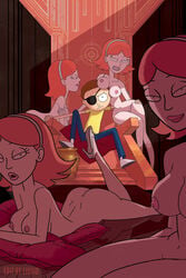 1boy accurate_art_style areola ass breasts busty cleavage clones female harem jessica_(rick_and_morty) large_breasts male morty_smith multiple_girls nipples nude nude_filter on_stomach orange_hair rick_and_morty short_hair smile voluptuous