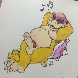 1boy 2016 anthro armpit_hair balls barefoot celestial crossed_legs erection eyewear hands_behind_head humanoid_penis koopa koopaling looking_at_viewer male male_only mario_(series) marker_(artwork) moobs musical_note navel nintendo nipples nude open_mouth overweight penis pubes reclining roy_koopa scalie signature solo sunglasses traditional_media_(artwork) tusks video_games