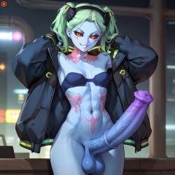 1futa abs ai_generated animal_genitalia_on_humanoid athletic athletic_futa big_penis bottomless casual cyberpunk:_edgerunners cyberpunk_2077 futa_only futanari green_hair horsecock horsecock_futa horsecock_on_humanoid human_with_animal_genitalia human_with_horsecock intersex jacket jacket_open large_penis looking_at_viewer midriff oversized_clothes pale_skin patreon patreon_username penis petite rebecca_(edgerunners) red_sclera small_breasts tattoo tattoos thin_waist toned twintails velour_ai