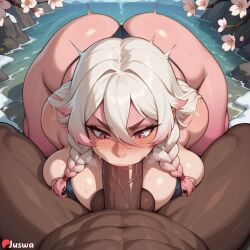 1boy ai_generated ass bangs between bikini black blush braid braids breasts cute dark dark-skinned erection eyes fellatio female flower focus freckles gradient hair huge_ass huge_breasts interracial juswa large large_ass large_breasts long male multicolored oral outdoors penis pink pov skin solo straight swimsuit testicles thicc thick_thighs thighs thong twin uncensored veins veiny water white