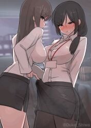1futa animated arms_behind_back black_hair blush breasts brown_eyes brown_hair bulge clenched_teeth duke_shiwa erection erection_under_clothes female futanari glasses hair_over_shoulder indoors lanyard large_breasts large_penis long_hair office_lady office_lady_(shiwa) original pantyhose pencil_skirt penis ponytail precum shirt shiwa_kou skirt standing sweat teasing teeth trying_not_to_cum white_shirt