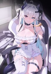 ahoge asymmetrical_horns bare_shoulders belt belt_collar black_horns black_ribbon blue_eyes blue_hair breasts chair cheese cheese_trail chest_harness cleavage cleavage_cutout closed_mouth clothing_cutout collar collarbone colored_extremities colored_inner_hair commentary computer_keyboard computer_mouse controller desk_lamp diamond_(shape) diamond_hair_ornament dragon_girl dragon_horns dragon_tail dress eating english_commentary female fingernails food frilled_dress frilled_thighhighs frills game_controller gaming_chair groin hair_between_eyes hair_intakes hair_ornament hair_ribbon hand_rest hand_up harness heterochromia highleg highleg_panties highres holding holding_food holding_pizza horns indie_virtual_youtuber indoors lamp large_breasts long_fingernails long_hair looking_at_viewer mismatched_horns monitor multicolored_hair nvl oerba_yun_fang panties pizza pointy_ears purple_eyes purple_nails ribbon second-party_source sidelighting single_thighhigh skin_fang smile solo strap_slip swivel_chair tail thigh_belt thigh_strap thighhighs two-tone_dress two_side_up underboob underwear vaipyre_(vtuber) very_long_hair virtual_youtuber white_dress white_hair white_panties white_thighhighs