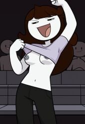 8c23 accurate_art_style ai_generated belly black_eyes black_pants breasts breasts_out brown_hair concert grey_nipples half_closed_eyes hand_over_head jaiden jaiden_animations lifting_shirt lifting_shirt_up long_hair nipple_piercing nipples open_mouth people_in_background people_watching pulling_own_clothes purple_shirt raised_arm shouting showing tagme