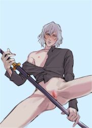 cowboy_bebop cuntboy from_below holding_object holding_weapon katana pale_skin partially_clothed pussy sword vicious_(cowboy_bebop) weapon white_hair