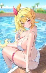 1girls :/ absurdres arm_support back bikini blonde_hair blue_sky blurry blush breasts cleavage commentary_request day depth_of_field female female_only from_side furrowed_brow hair_ornament hair_ribbon head_tilt heterochromia highres hoshikawa_sara large_breasts long_hair looking_at_viewer nijisanji ocean outdoors p-tomi palm_tree pool poolside red_eyes ribbon side_ponytail sidelocks sitting sky soaking_feet solo strap_pull swimsuit thigh_strap thighs tile_floor tiles tree turning_head very_long_hair virtual_youtuber water white_bikini x_hair_ornament yellow_eyes