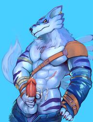 1boy abs anthro balls blue_background canine clothed clothing colored cum digimon erection iceman1984 looking_at_viewer male male_only mammal masturbation muscular orgasm pants_down partially_clothed pecs penile_masturbation penis simple_background solo were weregarurumon werewolf wolf