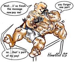 2003 abs animal_genitalia anthro balls bear erection farmer flaccid hairy hat hooves howllie male male_only mammal massage nipples pecs penis sheath towel