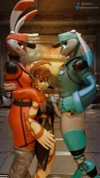 4k 9:16 absurd_res anthro athletic athletic_anthro athletic_female athletic_male bodysuit breasts brown_body brown_fur brown_hair clothed clothing digital_media_(artwork) dominant dominant_anthro dominant_female dominant_male ears_down female female_anthro fur genitals gimbal_(warfaremachine) glowing glowing_eyes group hair hat headgear headwear hi_res holly_zanzibar imminent_sex looking_at_another machine male male/female male_anthro mammal markings mature_anthro mature_female partially_clothed partially_clothed_anthro penis pivot(warfaremachine) pivoted_ears pose robot robot_anthro robot_penetrating robot_penetrating_anthro rubbing samtrix shaded size_difference skinsuit small_breasts standing submissive submissive_female tail tight_clothing trio white_body white_eyes yellow_eyes