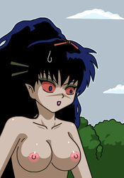 1girls blue_hair breasts demon_eyes eyeshadow female inuyasha lipstick long_hair makeup nipples nude open_mouth outside sky solo sweatdrop tree trees vixen_(inuyasha) yurafan