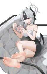 :o absurdres artist_name bare_legs bare_shoulders barefoot black_bow black_choker black_dress black_hair black_horns black_nails blue_archive blush book bow breasts choker cleavage collarbone commentary couch dated demon_girl demon_horns demon_wings double-parted_bangs dress earrings feet female foot_focus full_body grey_hair grey_halo hair_behind_ear hair_between_eyes hair_over_shoulder hairbow half_updo halo hands_up highres holding holding_book horns jewelry kayoko_(blue_archive) kayoko_(dress)_(blue_archive) legs long_hair looking_at_viewer low_wings mole mole_on_nose multicolored_hair nail_polish official_alternate_costume official_alternate_hairstyle on_couch open_book open_mouth reading red_eyes shangdi_de_fa_zhang short_dress simple_background single_wing sleeveless sleeveless_dress soles solo strap_slip stud_earrings thighs toenail_polish toenails toes tsurime two-tone_hair variant_set watermark white_background wings